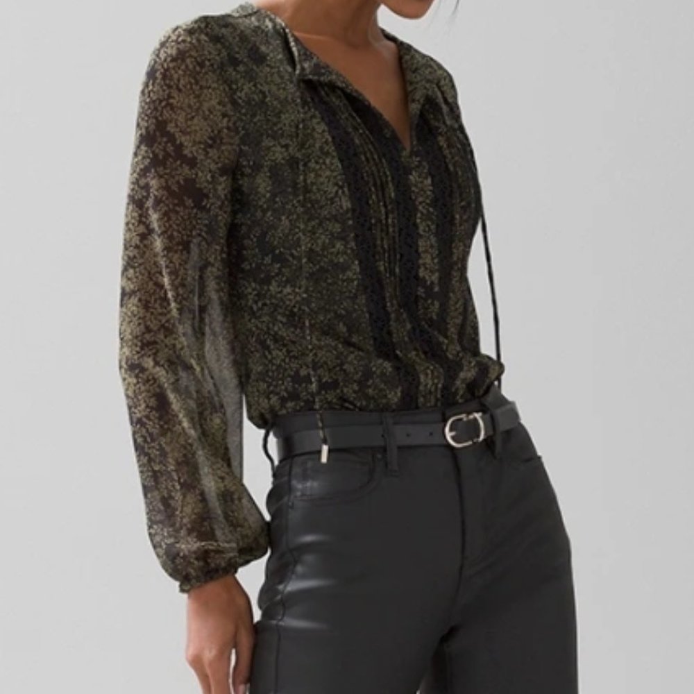 Olive blouse sheer sleeves  White Hose Black Markey